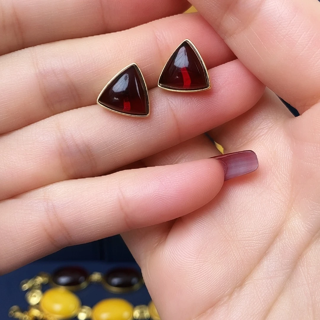 血珀银S925镀金镶嵌耳饰