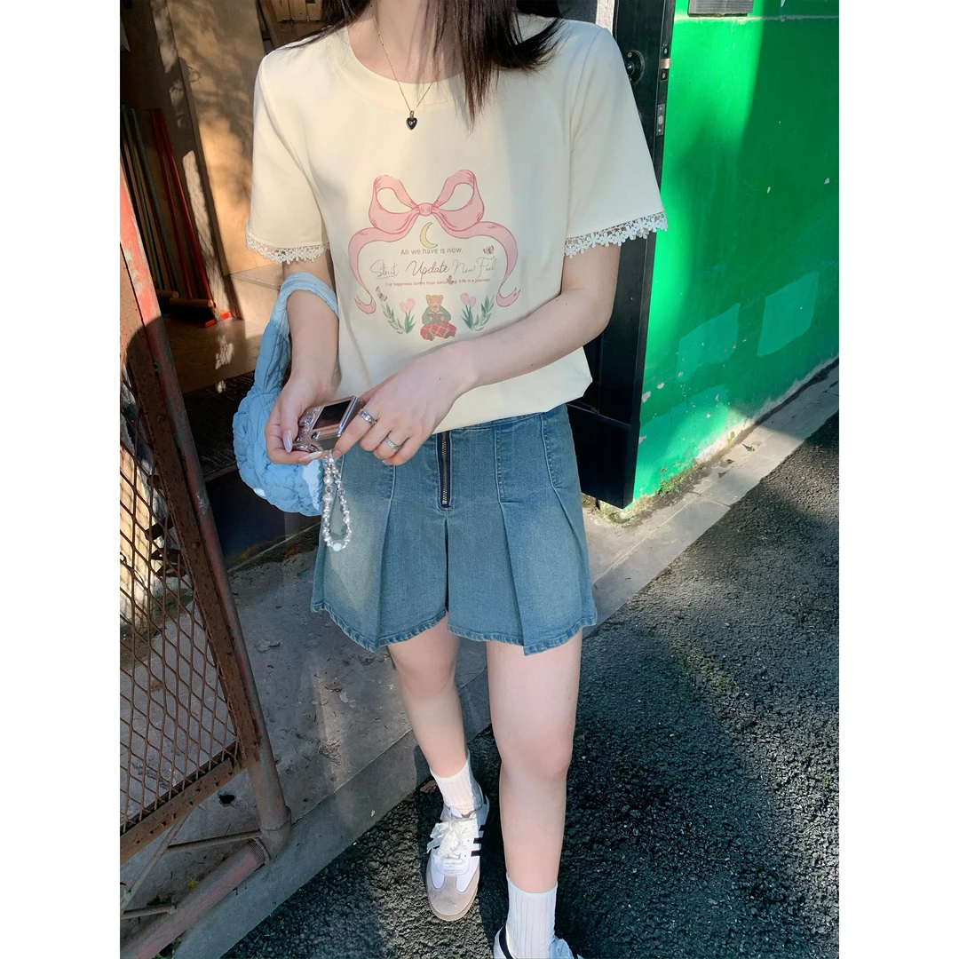 我是你的cc阿 氧气一夏~复古牛仔百褶裙女夏季高腰显瘦短款半身裙