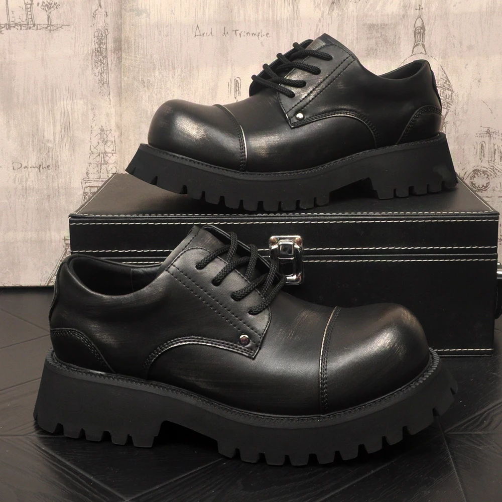 2025秋季新款男士商务正装复古德比鞋系带大头厚底内增高真皮皮鞋