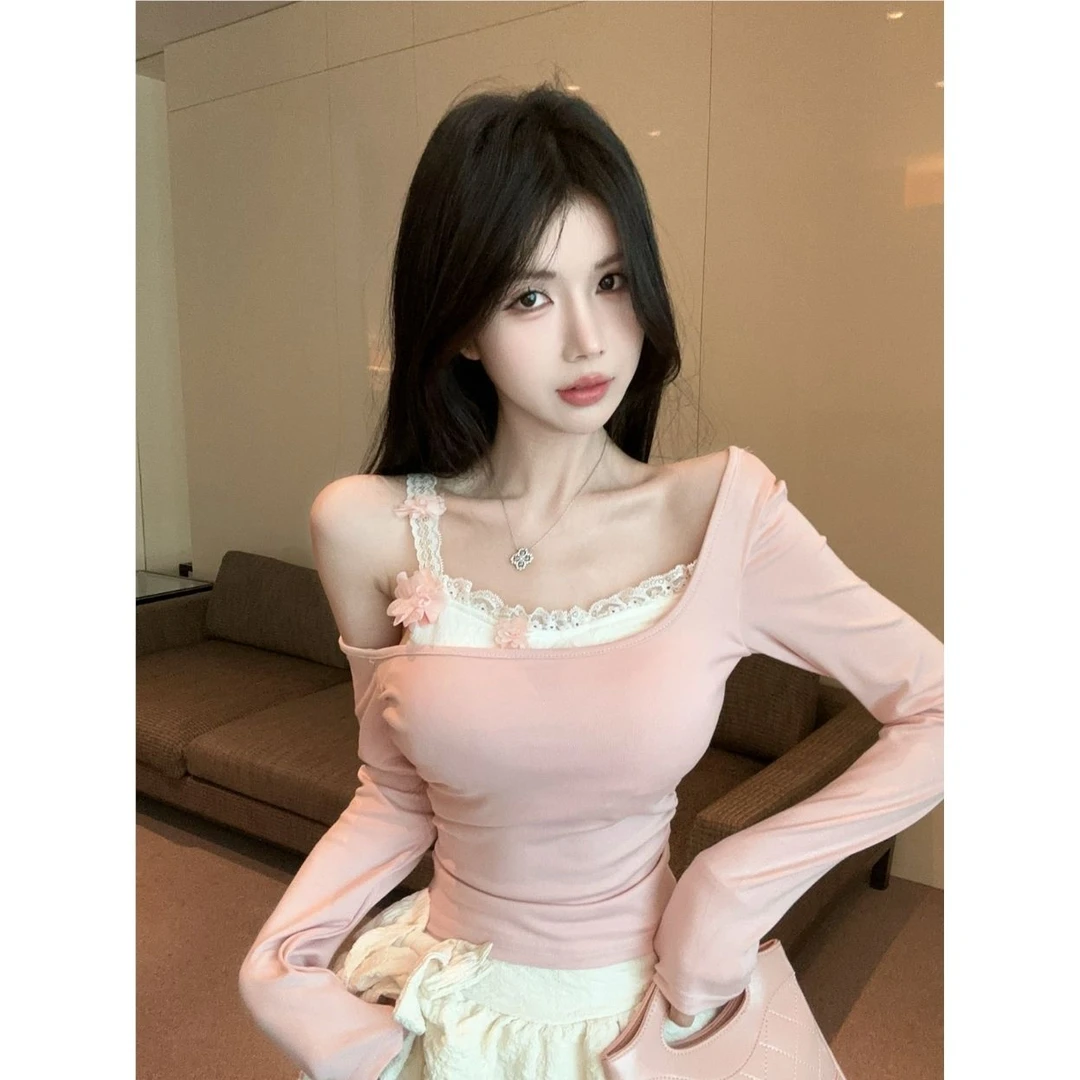 春夏别致辣妹蕾丝拼接假两件长袖打底衫女内搭设计感高腰短款上衣