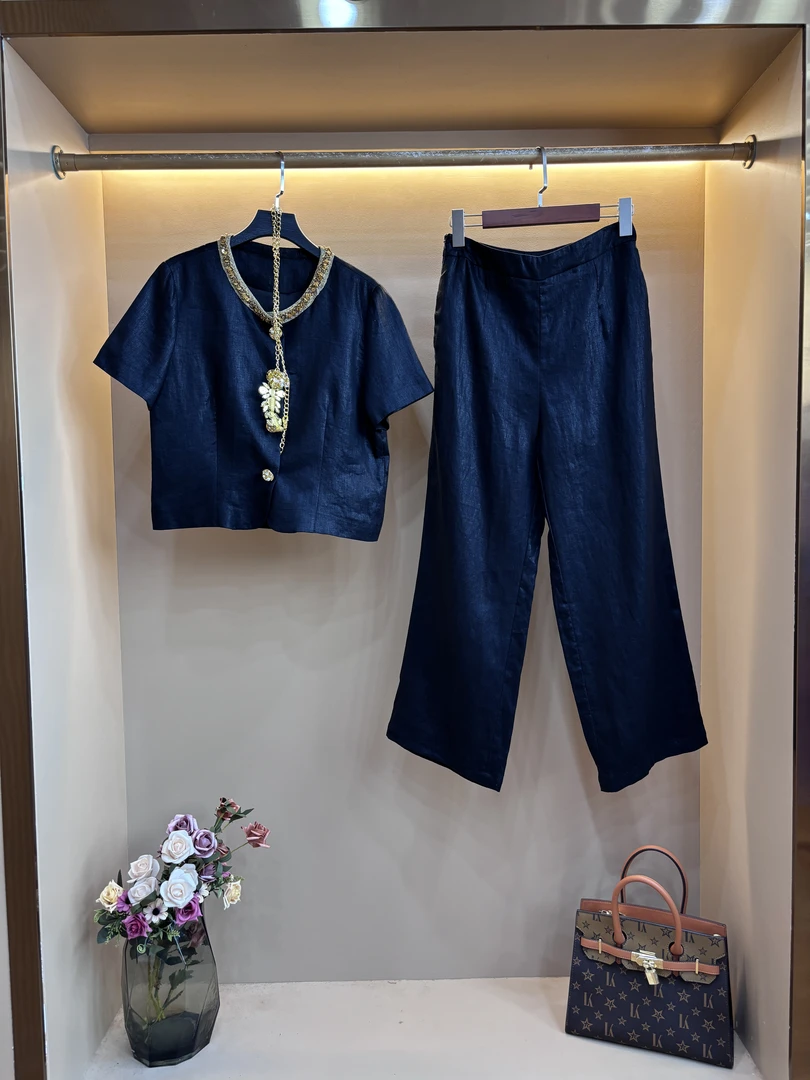 气质干练时尚别致百搭高级感黑色上衣长裤两件套2025夏季新款