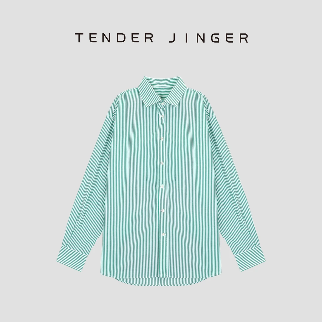 Tender Jinger宽松版绿色条纹棉质衬衫T53HMD30548