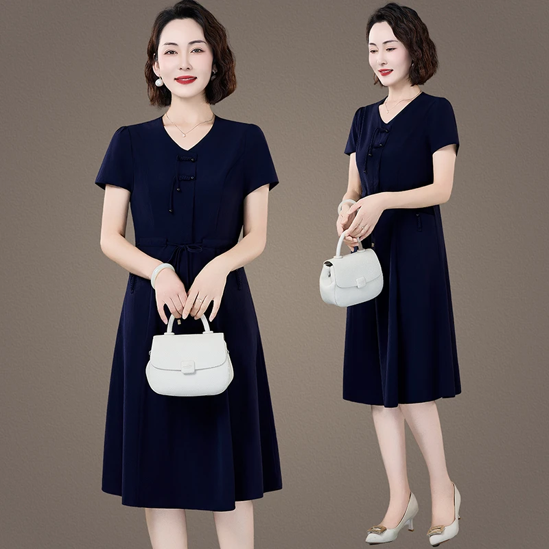 恩狐夏季中老年时尚连衣裙薄款洋气减龄中长款宽松休闲气质连衣裙