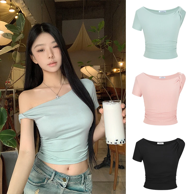 Moses Queen/魔西女王美式复古斜肩扭结短袖T恤纯欲辣妹短款上衣