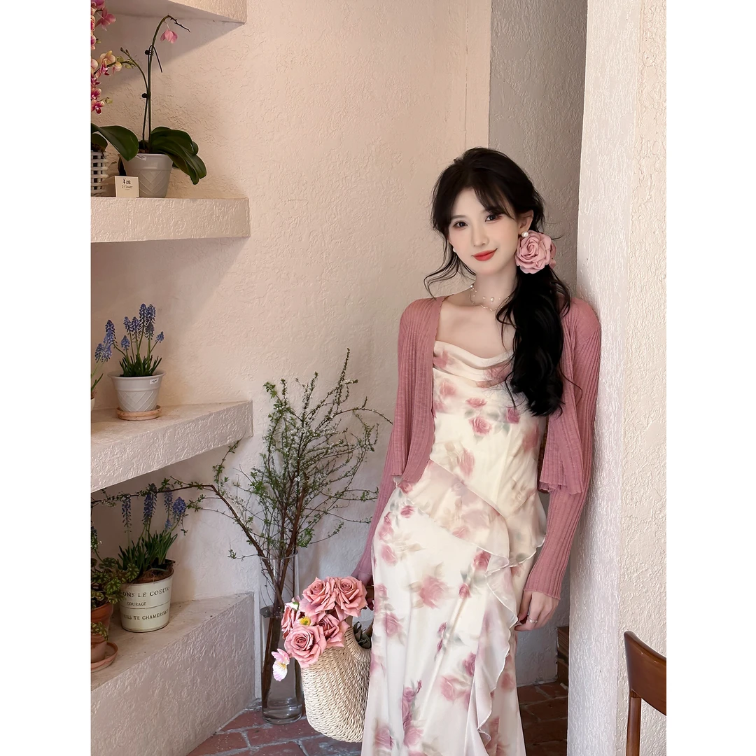 SE【茉莉海棠】连衣裙女春季晕染印花荷叶边荡领吊带度假风碎花长裙