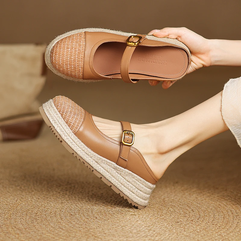 复古圆头高跟草编底浅口包头拖鞋女2025年春夏季真皮编织一字扣带