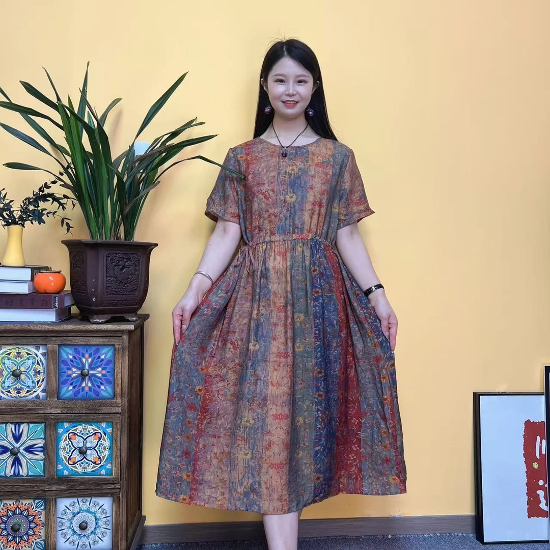 2025夏季新款中老年妈妈装连衣裙时尚百搭A字长款大摆裙子