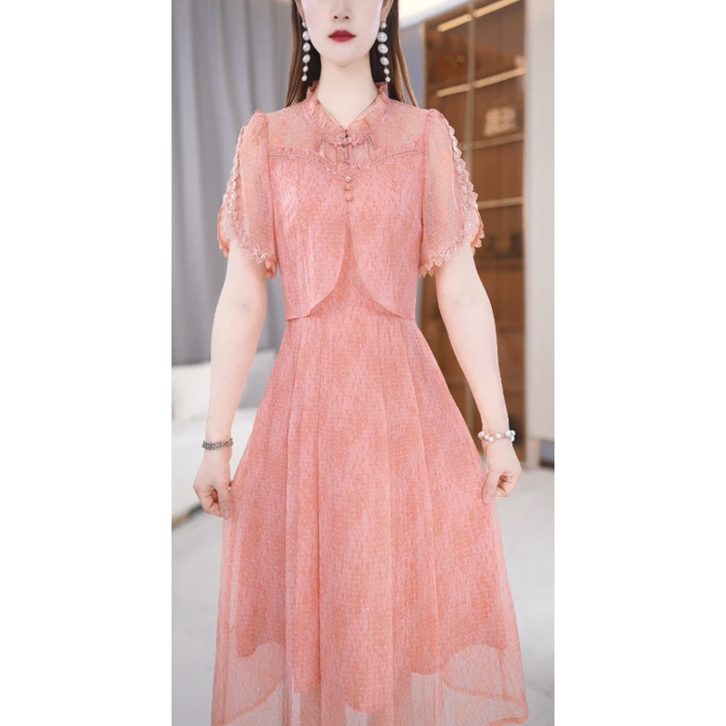 【连衣裙】夏季新款V领纯色减龄休闲优雅中长款连衣裙M-4XL