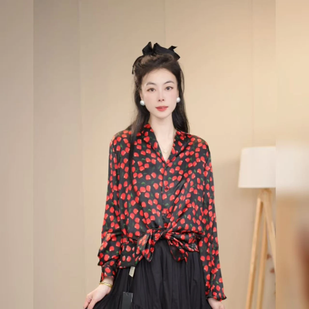 【多米拉】00424桑蚕丝樱桃衬衫上衣女装气质百搭时尚衬衣法式