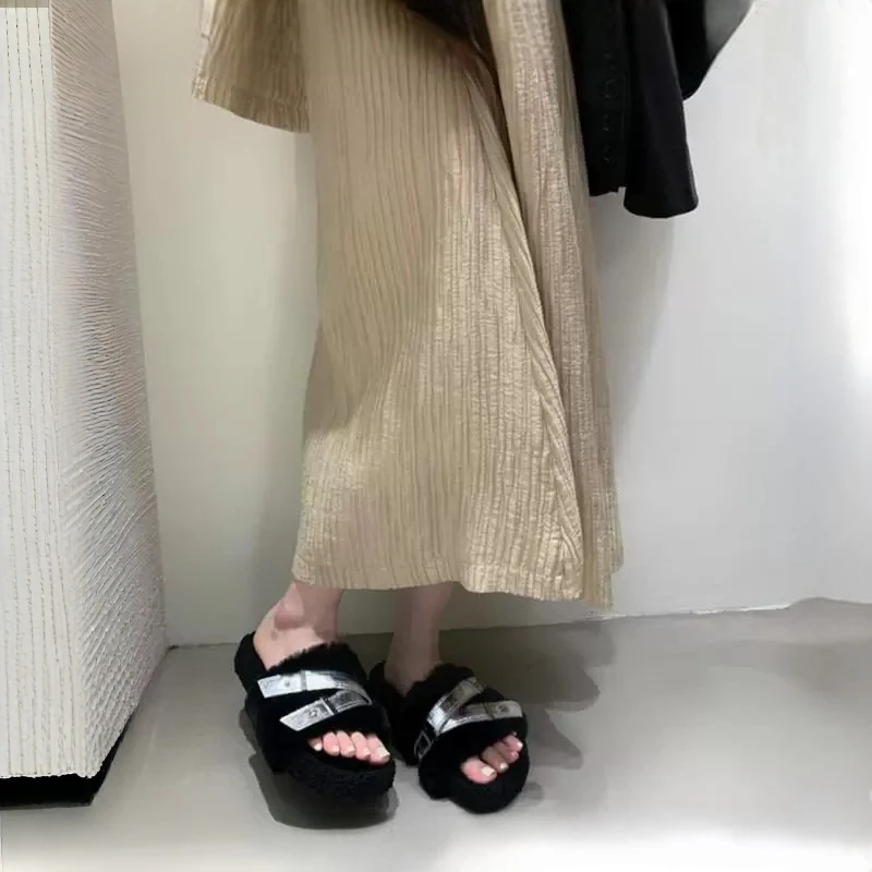 加大加厚加绒6-17新款皮带扣时尚百搭平底厚底毛毛潮拖女