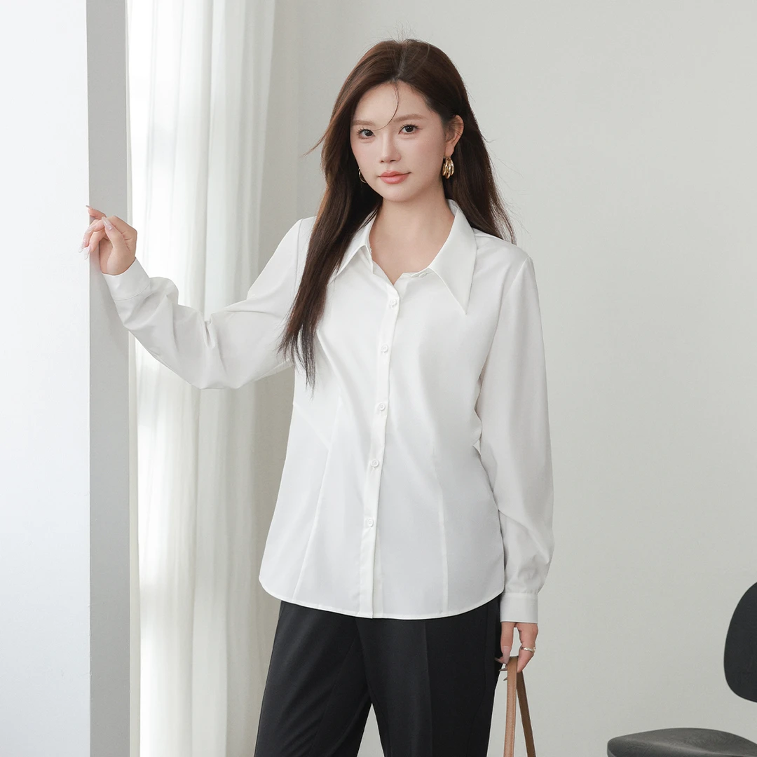 MsShe大码女装新款秋装通勤舒适人棉分割设计长袖衬衫MH508187