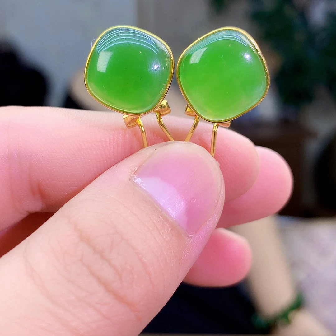 吊坠(不含链)银S925镶嵌和田玉（碧玉）耳钉