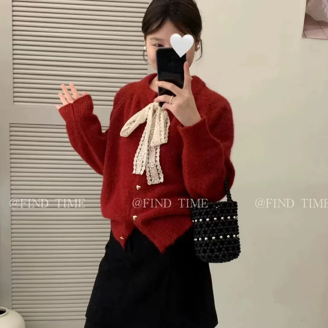 237蕾丝系带圆领毛感针织开衫2025秋质感毛衣爱心扣外套超好看