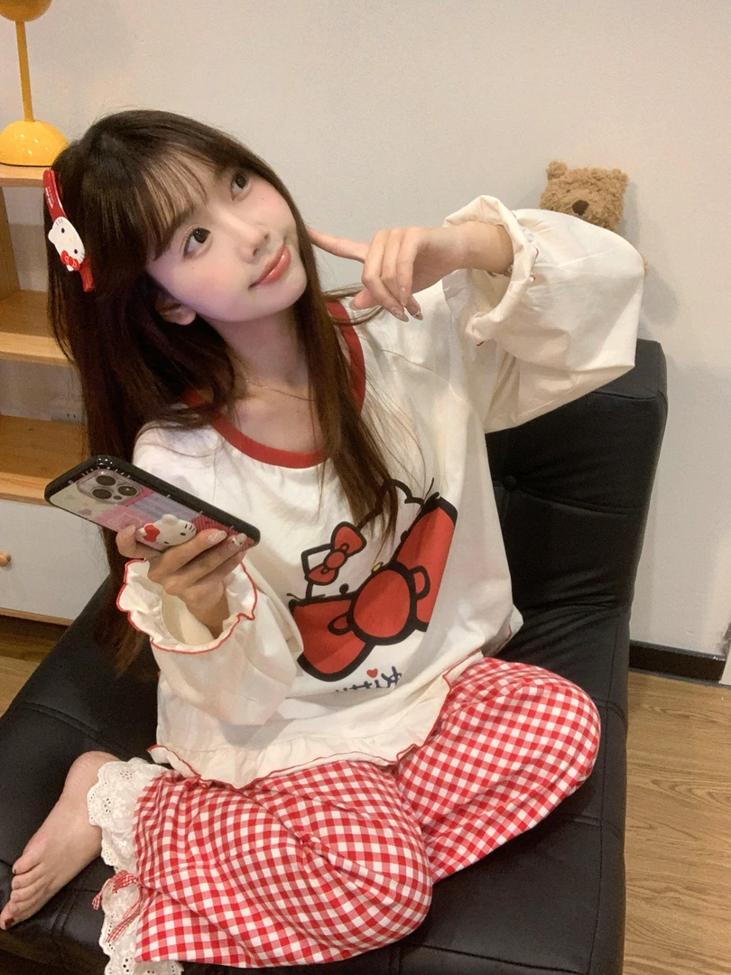 甜美夏季凯蒂猫睡衣格子裤秋季2025爆款长袖长裤夏季圆领家居服