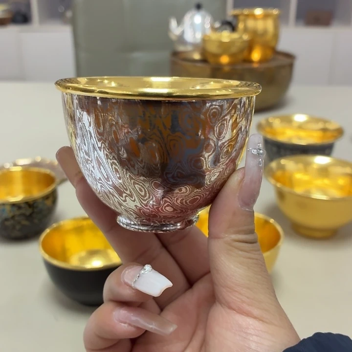 李小鹤银铜木纹金包金仿古杯120毫升