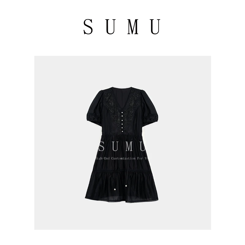 宿慕女V领串珠仙女裙夏季新款时尚短袖连衣裙收腰公主裙05-1