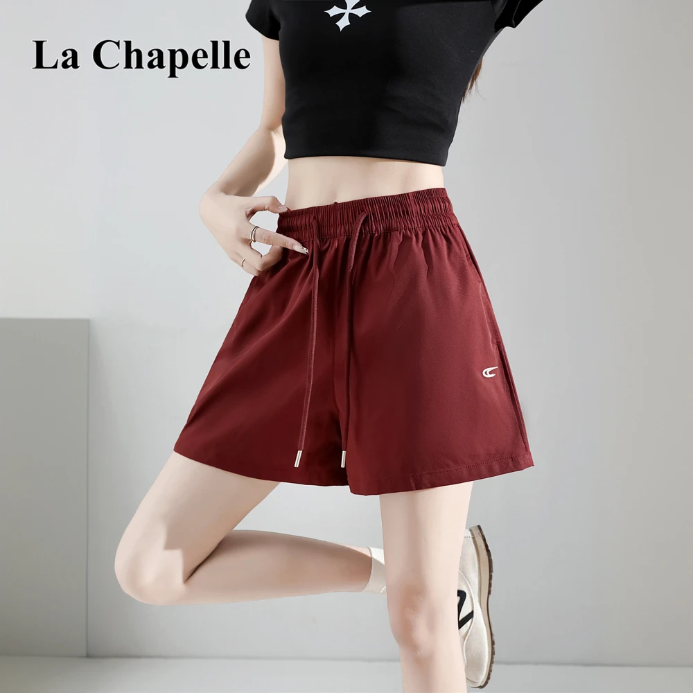 拉夏贝尔速干刺绣工装短裤女2025新款外穿中裤阔腿百搭运动五分裤