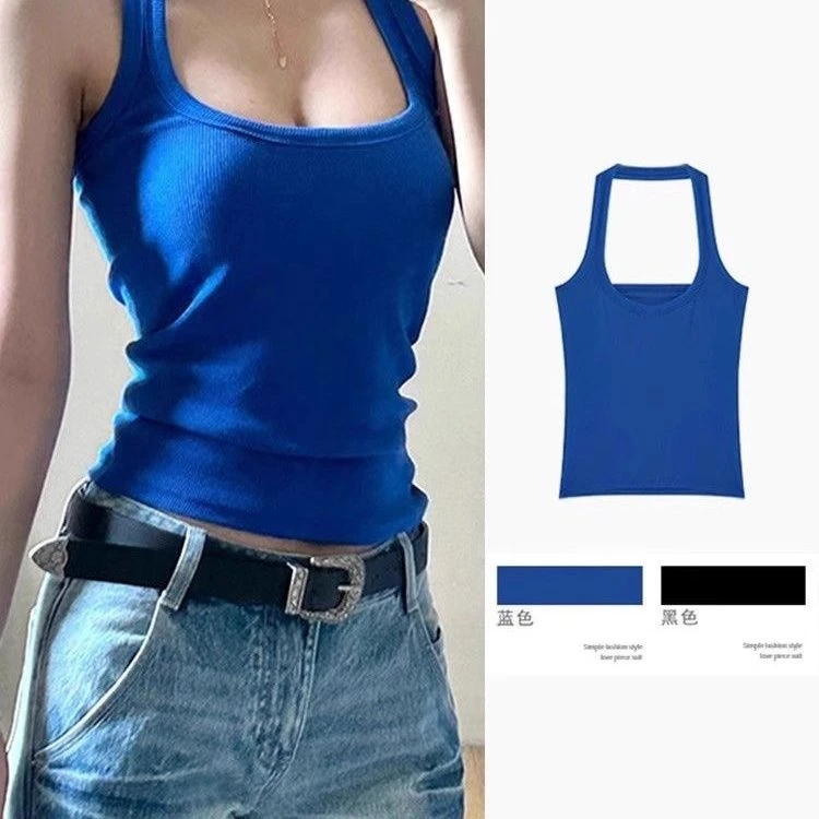音乐节三亚旅游穿搭独特挂脖蓝色小吊带背心女款外穿欲辣妹上衣
