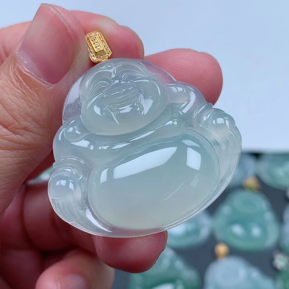 翡翠A货 18k金扣头冰胶冰润大佛公吊坠 尺寸32.8×36×6.1
