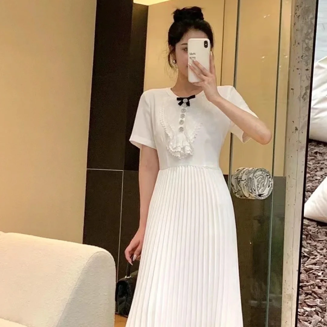 (姜qiong穹)甜美学院风蝴蝶结蕾丝收腰显瘦百褶短裙连衣裙