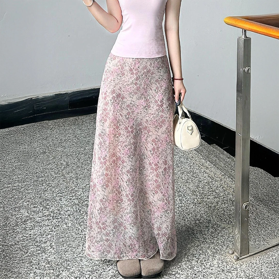 粉色碎花半身裙女秋季新款大码胖mm高腰遮胯显瘦垂感a字包臀长裙