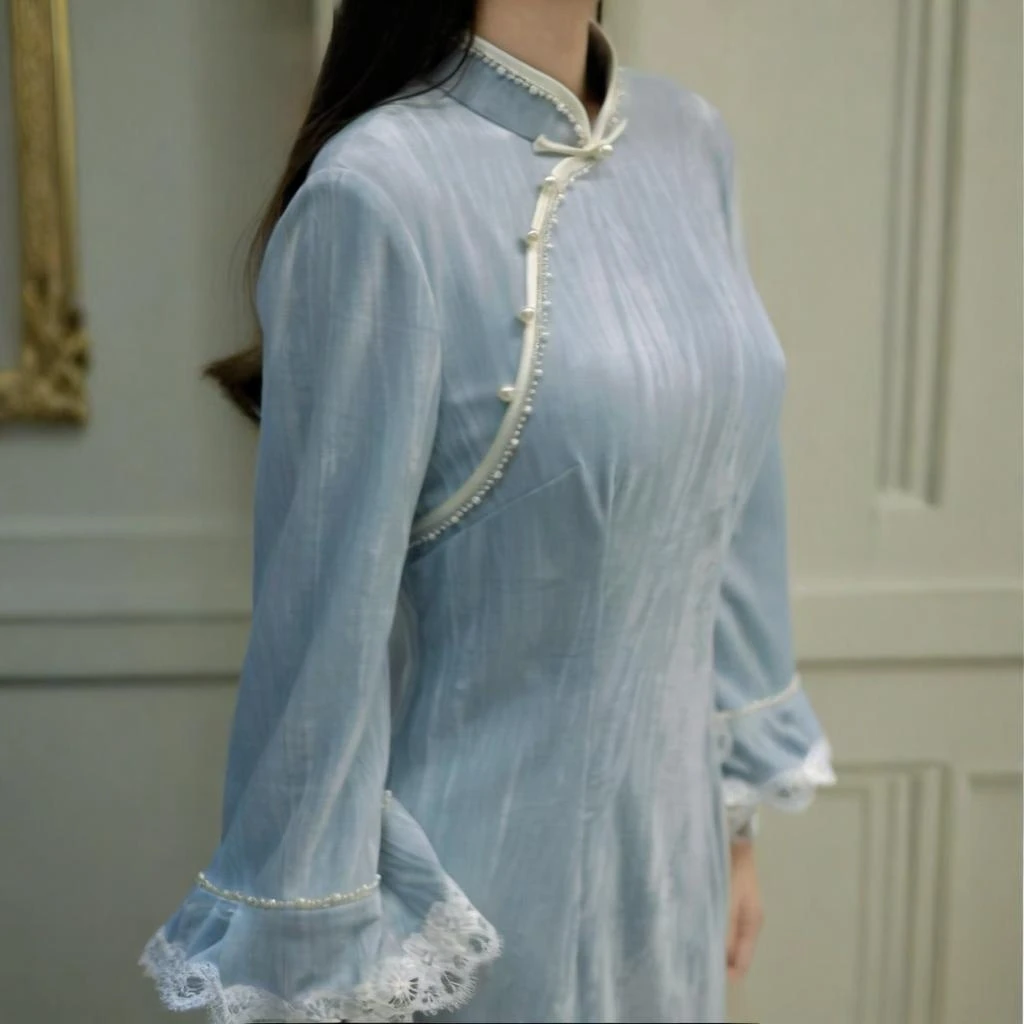 俏娘鱼蓝色新中式旗袍裙子女款爆款2025新款秋中长款长袖文艺日常