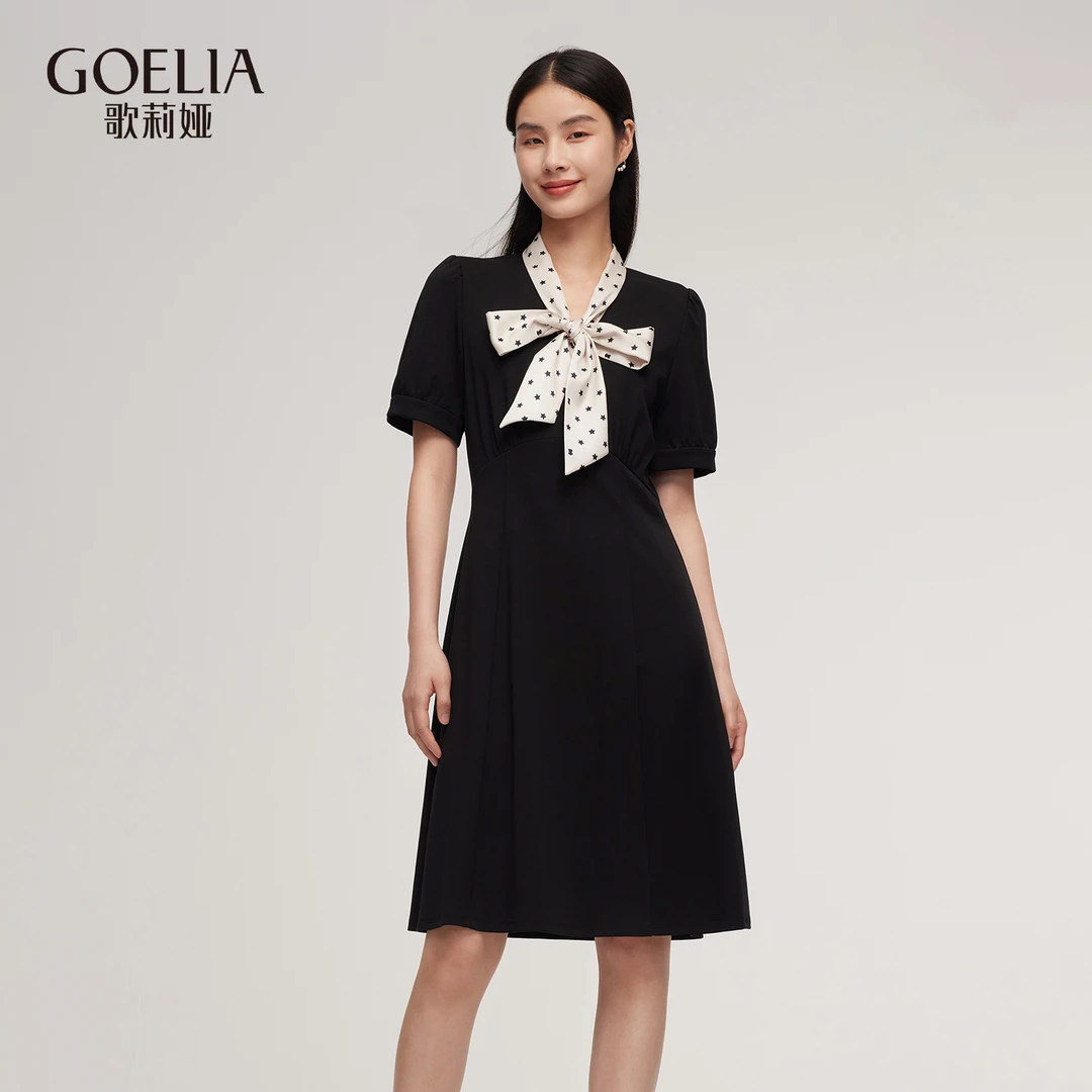 歌莉娅 夏季新品  飘带领撞色收腰连衣裙  1C4C4H6QA