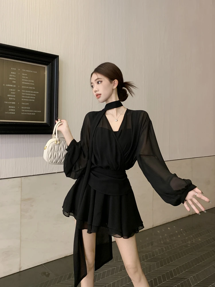 大码法式长袖衬衫连衣裙女秋季性感百褶雪纺裙胖MM遮肚显瘦短裙子