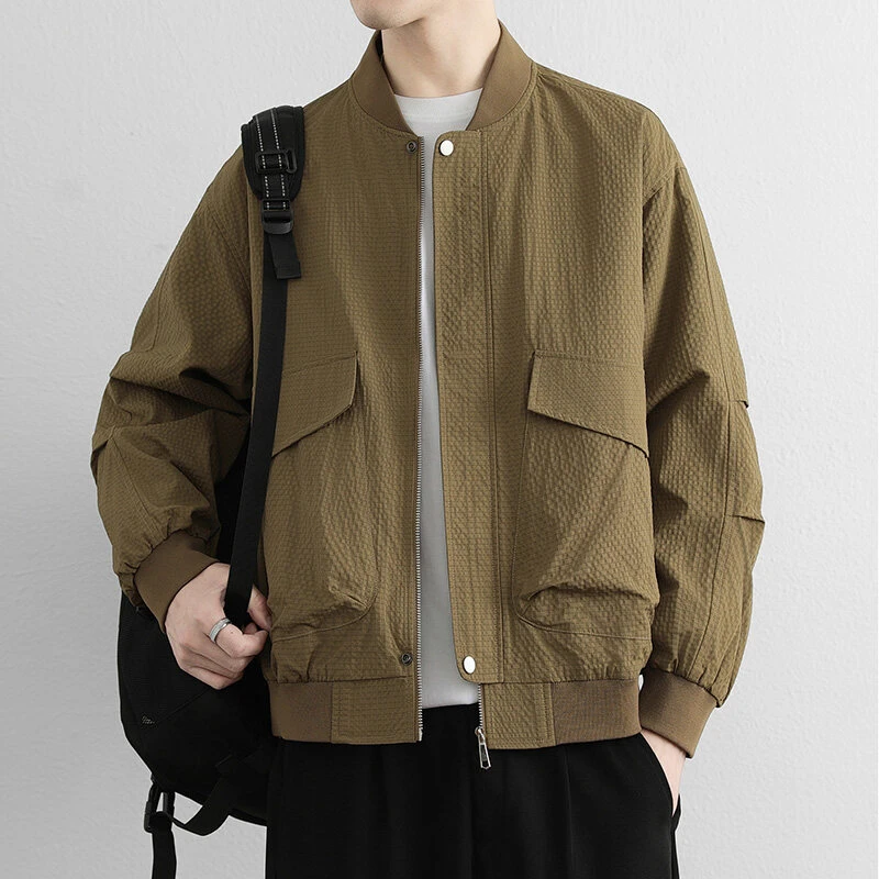 GS韩版工装外套男春秋季新款宽松时尚高级感薄款泡泡纱棒球领夹克