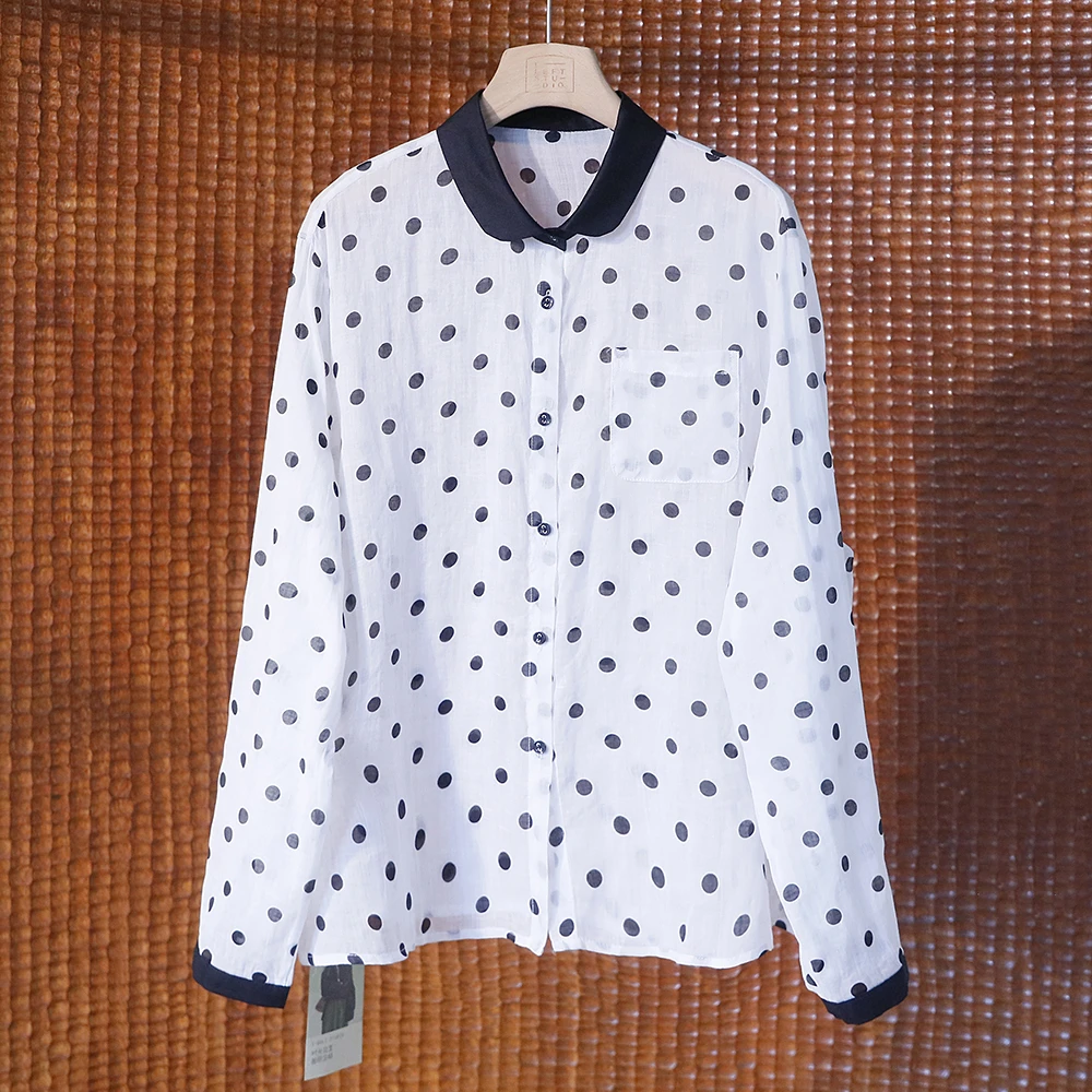 春季新款撞色娃娃领波点苎麻衬衫 宽松长袖防晒上衣衬衣 4SP369