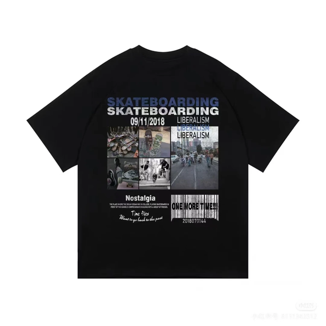 【自由滑板】300g重磅纯棉T恤宽松百搭休闲印花美式潮流短袖圆领