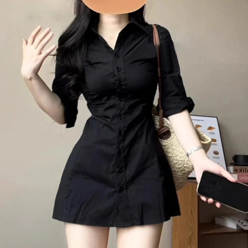 法式气质polo衬衫连衣裙子女2025新款收腰修身显瘦小黑裙D0612