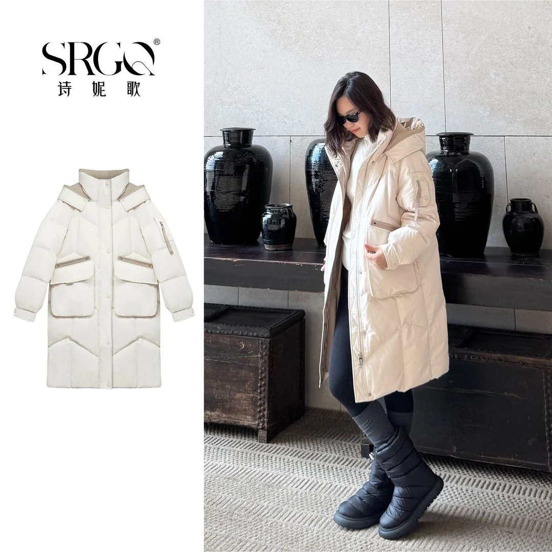 诗妮歌 | 90白鸭绒“臻绒世界”加倍温暖撞色中长款连帽羽绒服