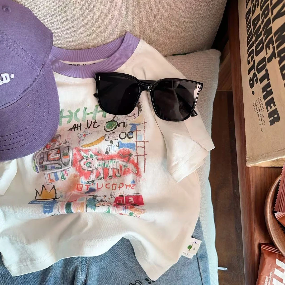 【JMJQ25291】纯棉儿童趣味手绘画印花韩版洋气短袖ins夏装宝宝上衣