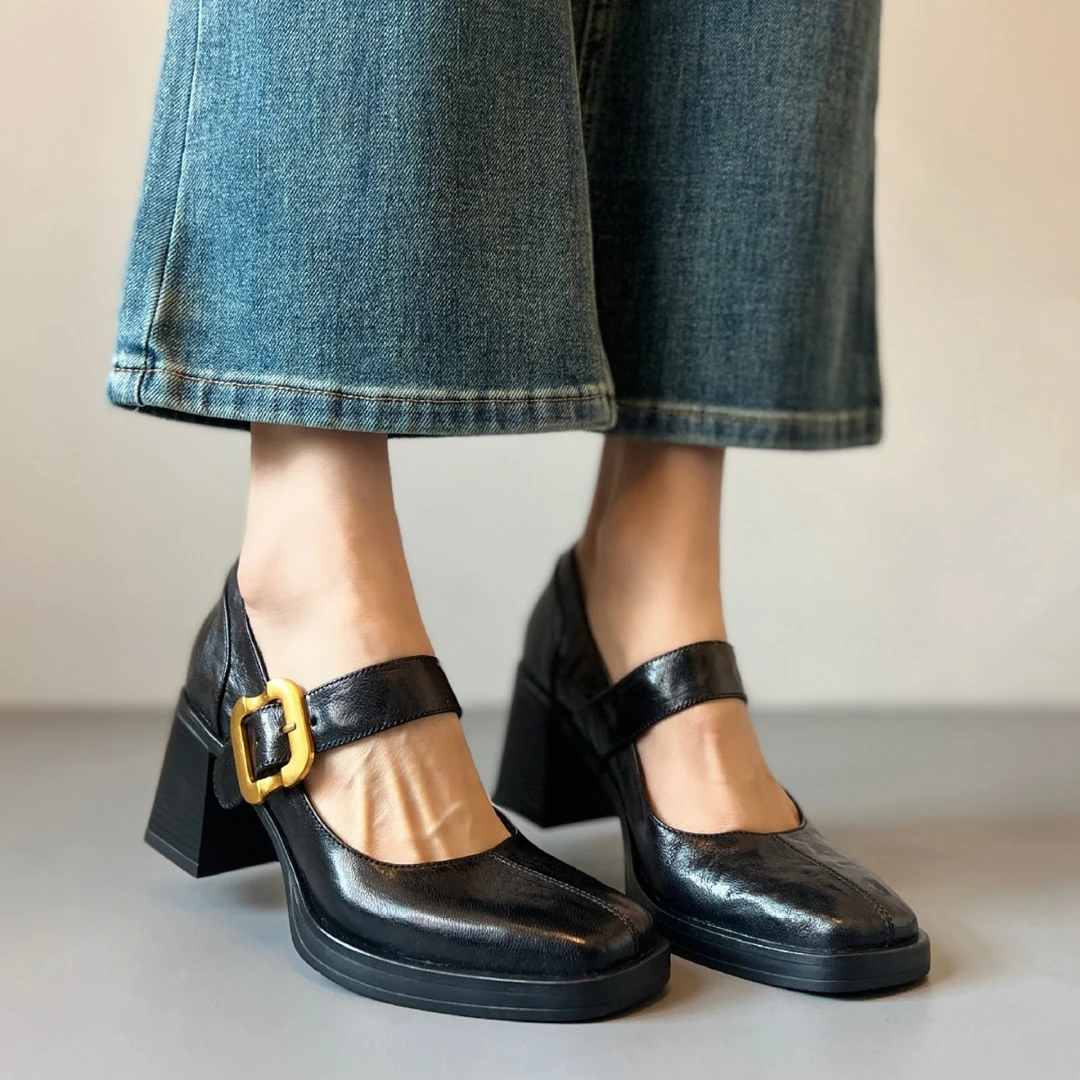 羊皮版巨软绝美不累脚高跟法式单鞋女粗跟黑色工作鞋方头玛丽珍鞋