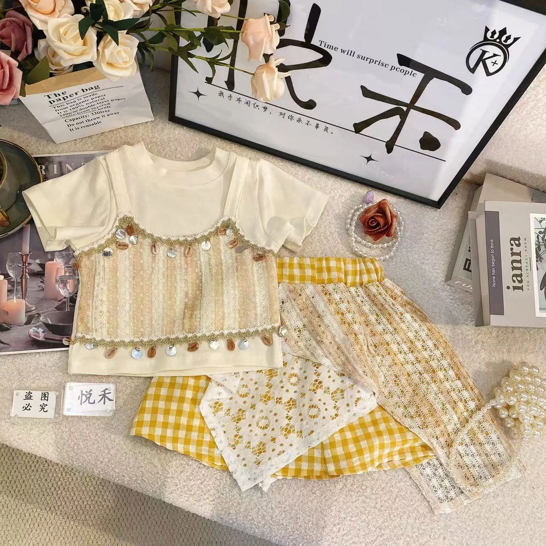 YH儿童夏季碎花洋气套装短袖女童格子不规则时尚半身裙8835