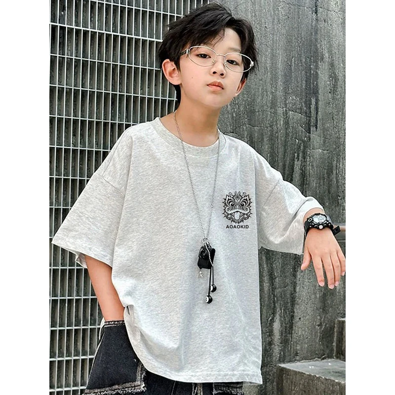 100%纯棉男童短袖儿童T恤卡通夏装2025夏季新款童装男孩灰色t恤