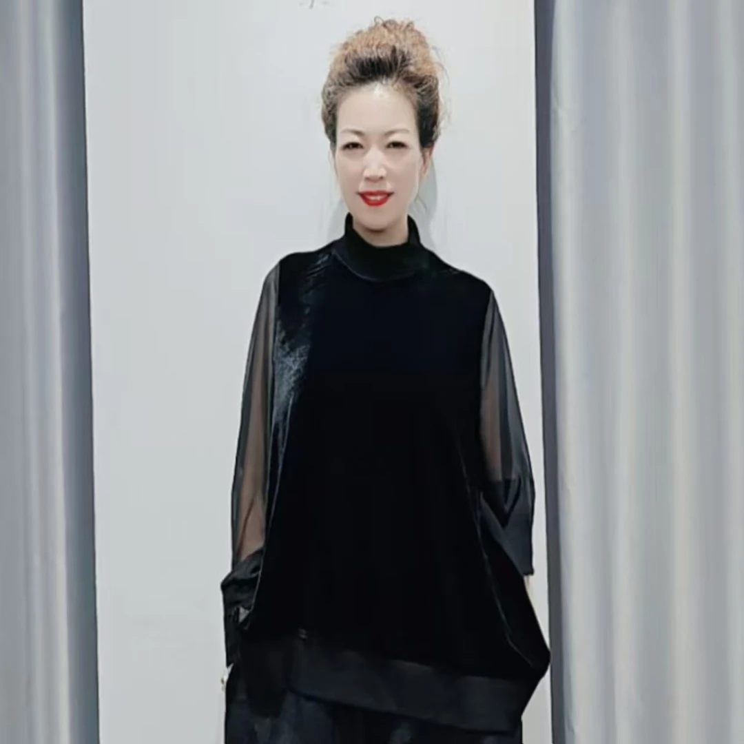 秋季时尚休闲宽松立领丝绒AB面拼接百搭长袖女士套头上衣