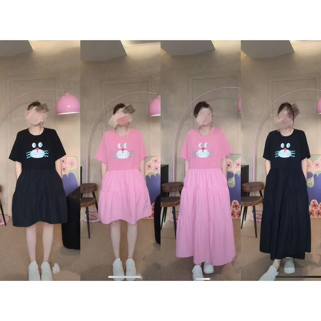 晶咕佳佳【蓝脸猫】下摆拼接款动画印花连衣裙显瘦时尚休闲百搭宽松