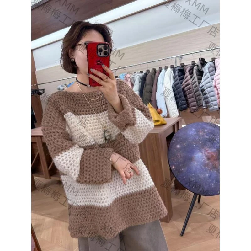 XMM.《条纹撞色纹理大毛衣》秋冬款时尚百搭潮流舒适条纹毛衣-Y9329