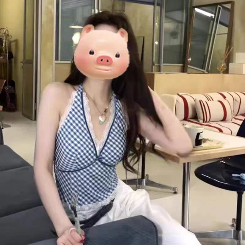 美式甜辣chic格子无袖挂脖吊带背心女夏季外穿修身显瘦穿搭上衣