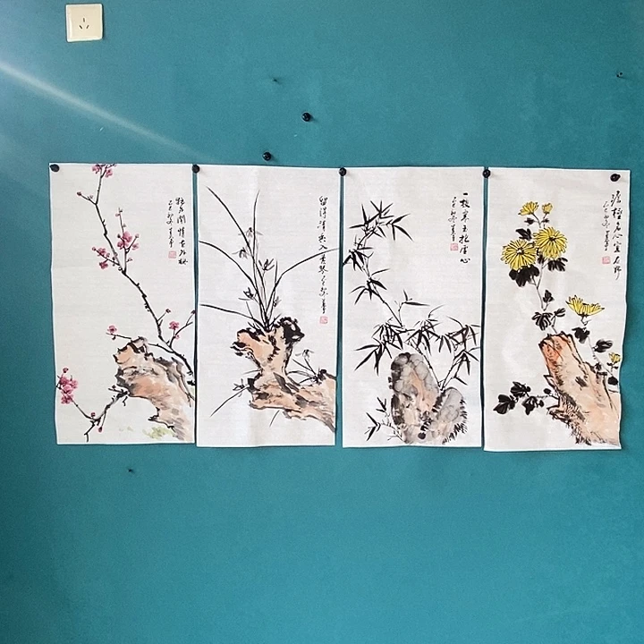 国画四尺四开手绘四条屏