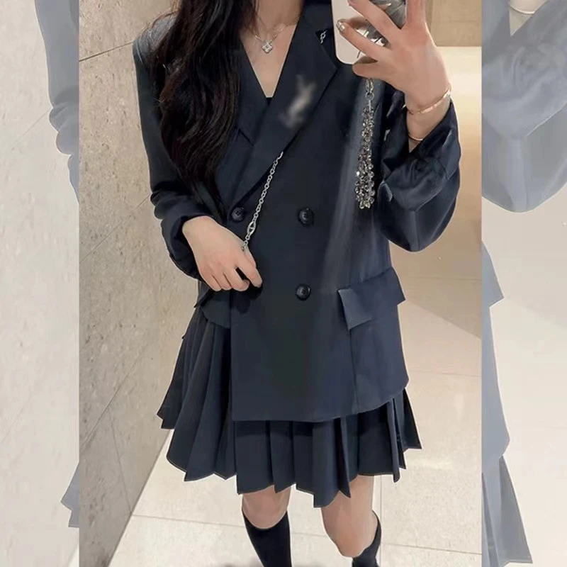 31740设计感假两件拼接西装大码连衣裙秋季新款高级感百褶a字裙