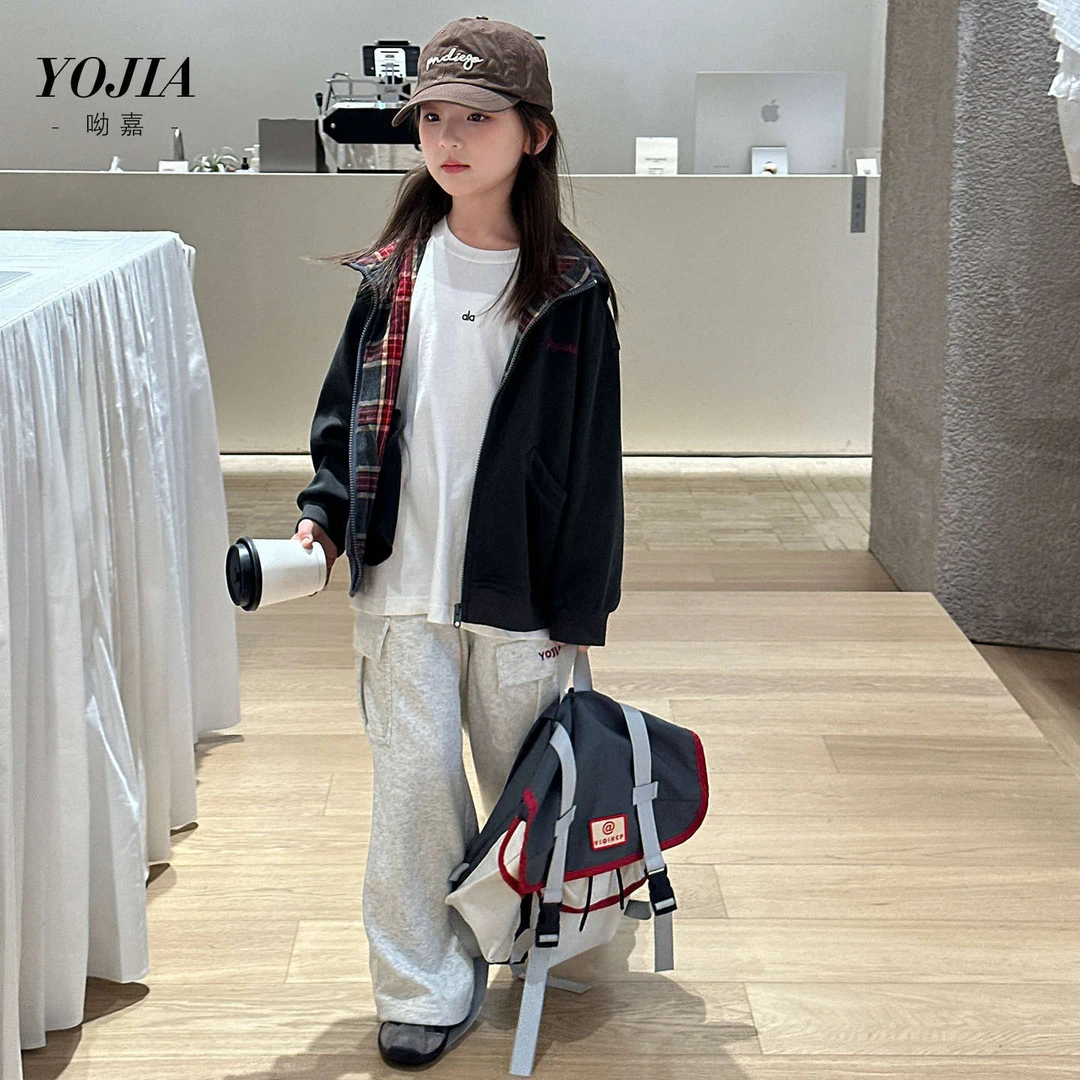 YOJIA女童韩版卫衣外套春秋2025新款洋气休闲小女孩连帽上衣秋装