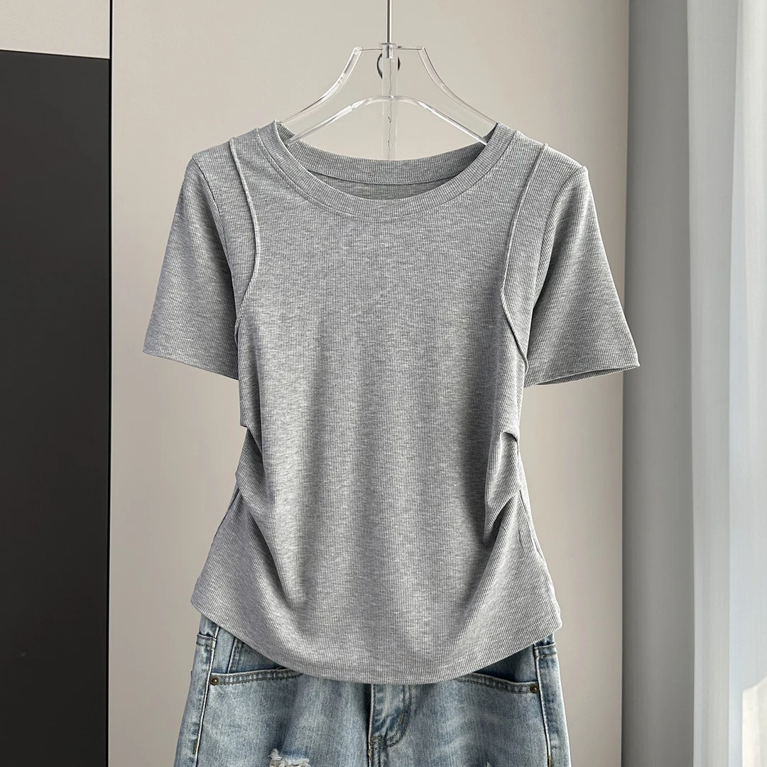 正肩大码圆领短袖T恤女春夏褶皱收腰宽松遮肚子胖MM显瘦螺纹上衣