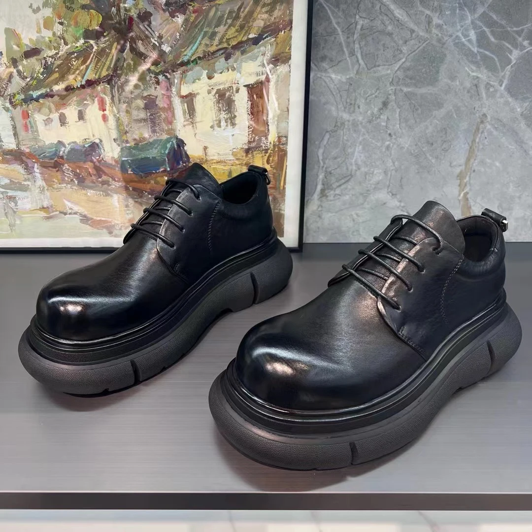 2025新款高级感圆头德比鞋男款增高皮鞋牛皮厚底大头休闲通勤男鞋