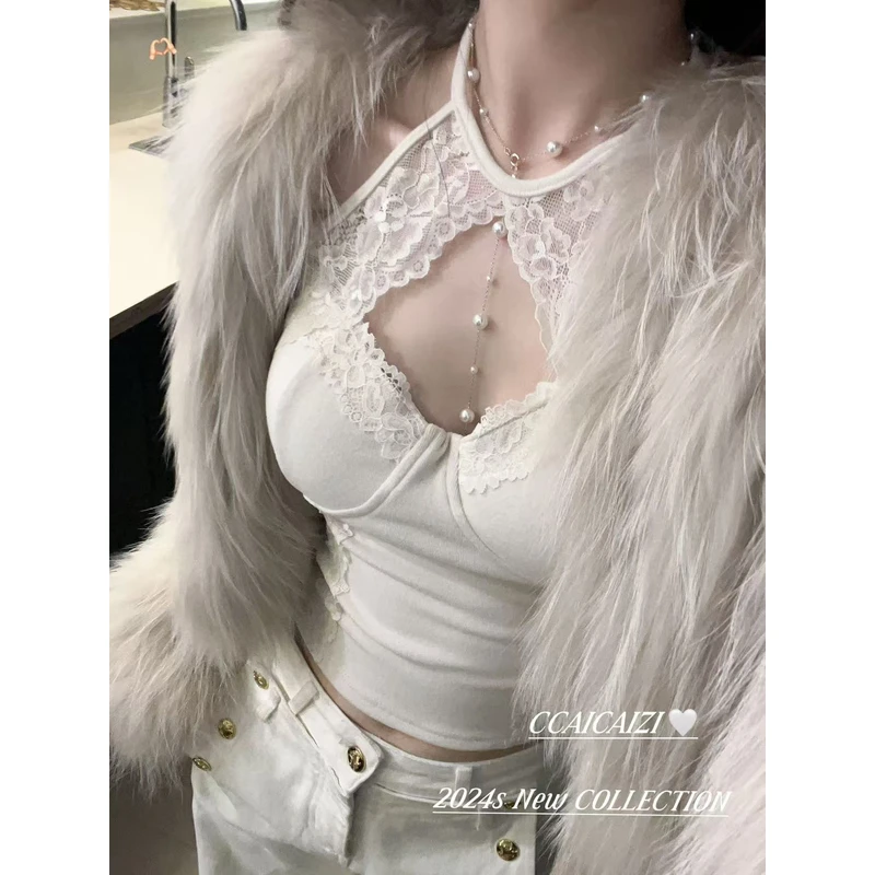 CCA144 【纯欲战神】纯欲风蕾丝挂脖假两件内搭上衣 有胸垫（磨毛）