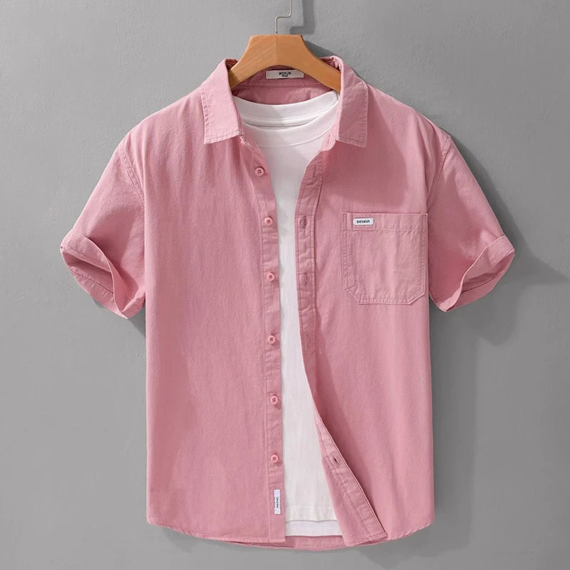 臣吾全棉短袖衬衫男装日系清新水洗纯棉粉色休闲衬衣夏季2025新款