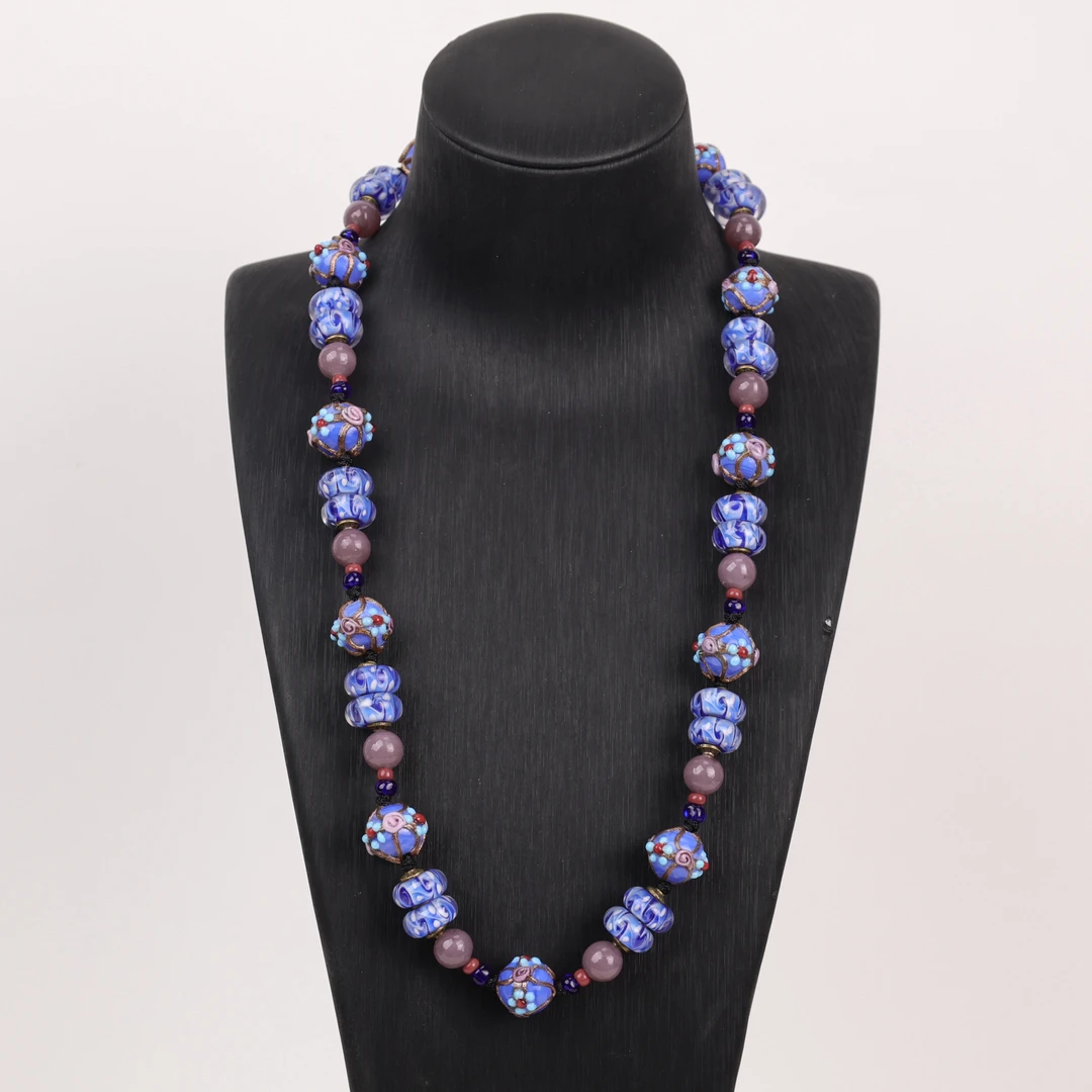 合金项链 LZ2367蓝紫色小花蛋糕蓝色转转筒绳编琉璃项链