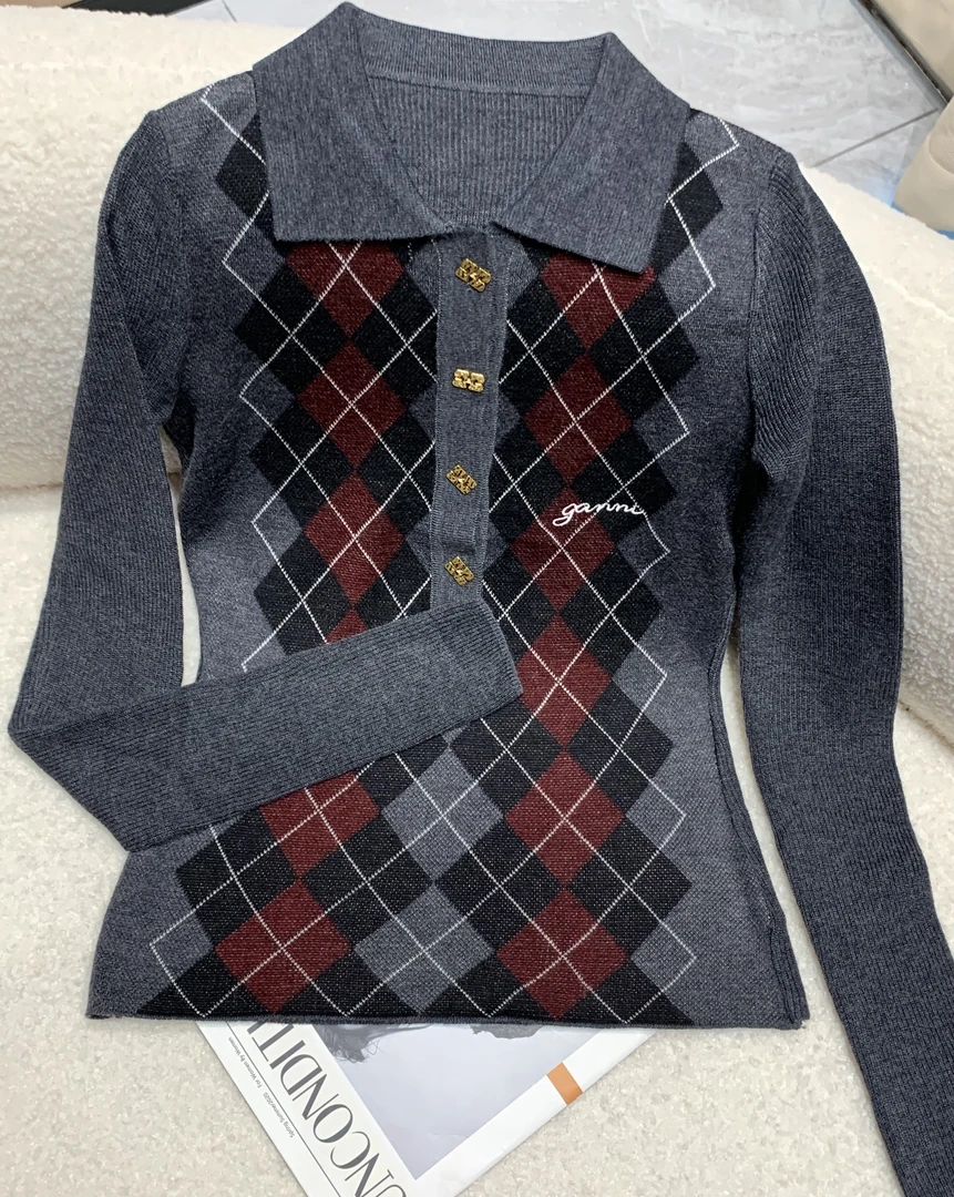 新款菱格撞色polo领针织打底衫修身显瘦百搭上衣女